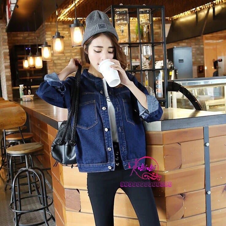 Áo khoác jeans nữ cổ trụ xinh xắn
