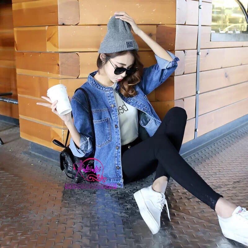 Áo khoác jeans nữ cổ trụ xinh xắn