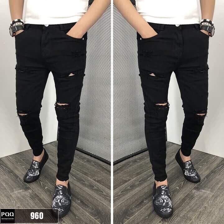 QUẦN JEANS NAM ĐEN RÁCH GỐI PHONG CÁCH