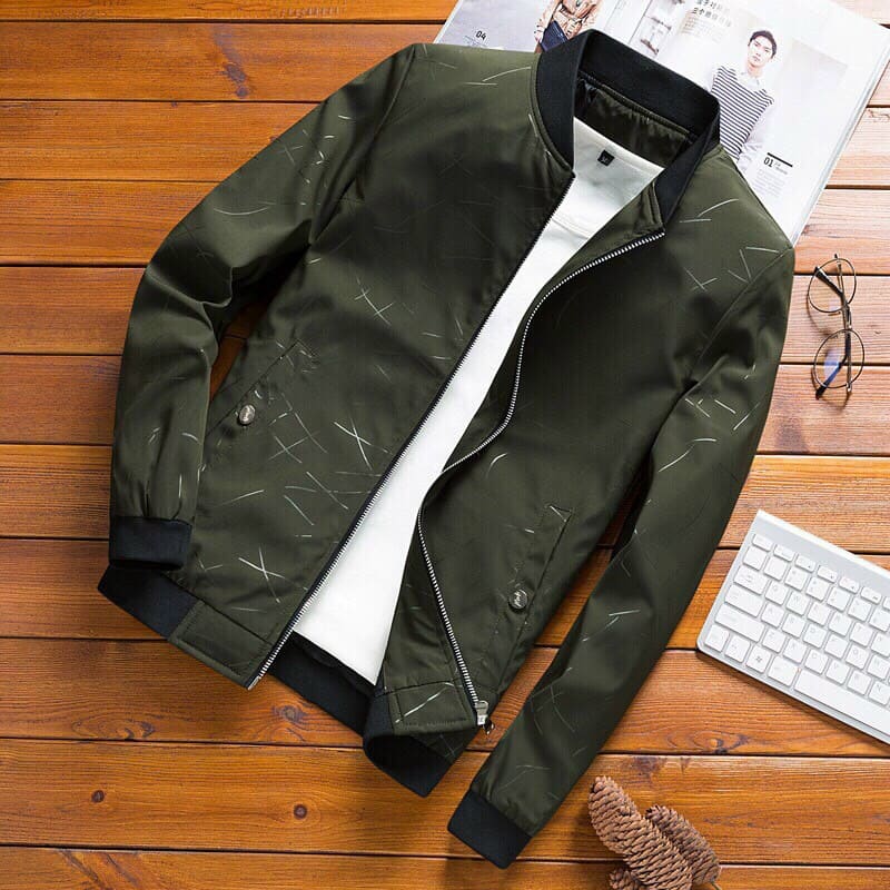 ÁO KHOÁC KAKI NAM CỔ TRỤ BOMBER KẺ SỌC PHONG CÁCH HÀN QUỐC